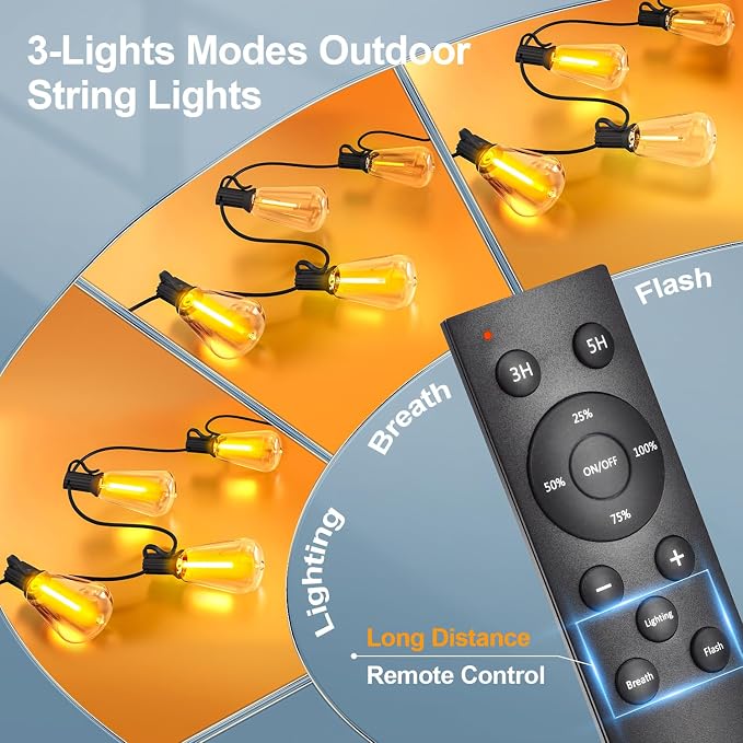 Outdoor String Led Patio Lights - 50Ft 15M Outside Waterproof Light With Remote Dimmable ST38 Shatterproof Bulb Connectable Hanging Outdoor Electric Lighting For Backyard Yard Gazebo Porch Party
