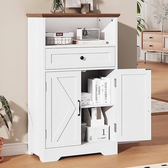 Floor Cabinet, Farmhouse Storage Cabinet with Barn Doors and Drawer, 11.81" D x 23.62" W x 39.37" H White Freestanding Adjustable Shelf Organizer for Bathroom, Kitchen, Living Room