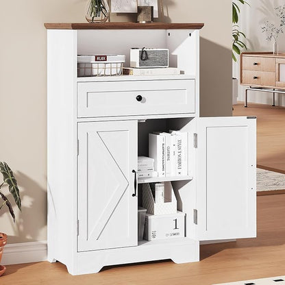 Floor Cabinet, Farmhouse Storage Cabinet with Barn Doors and Drawer, 11.81" D x 23.62" W x 39.37" H White Freestanding Adjustable Shelf Organizer for Bathroom, Kitchen, Living Room
