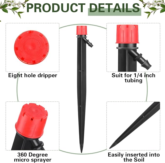 SiliFine 120 Pcs Drip Irrigation Emitters for 1/4'' Drip Irrigation Tubing 60 Irrigation Emitters Sprayer 60 Adjustable 360 Degree Water Flow Drippers for Patio Lawn Garden Watering