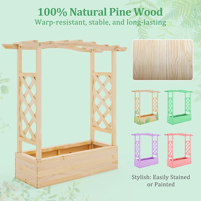 HAPPYGRILL Raised Garden Bed with Trellis, 2 Wood Planter Box w/Hanging Roof, Drainage System, Elevated Garden Box for Climbing Vine, Outdoor Planter w/Trellis for Patio Balcony, 44" x 14" x 45"