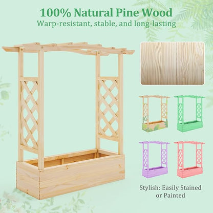 HAPPYGRILL Raised Garden Bed with Trellis, 2 Wood Planter Box w/Hanging Roof, Drainage System, Elevated Garden Box for Climbing Vine, Outdoor Planter w/Trellis for Patio Balcony, 44" x 14" x 45"