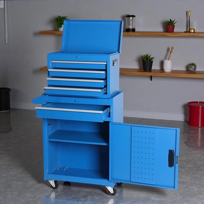 Tool Chest, 5-Drawers Rolling Tool Storage Cabinet with Detachable Top, Adjustable Shelf, Lockable Wheels & Locking Mechanism, Multifunctional Tool Cart for Garage Warehouse, Blue
