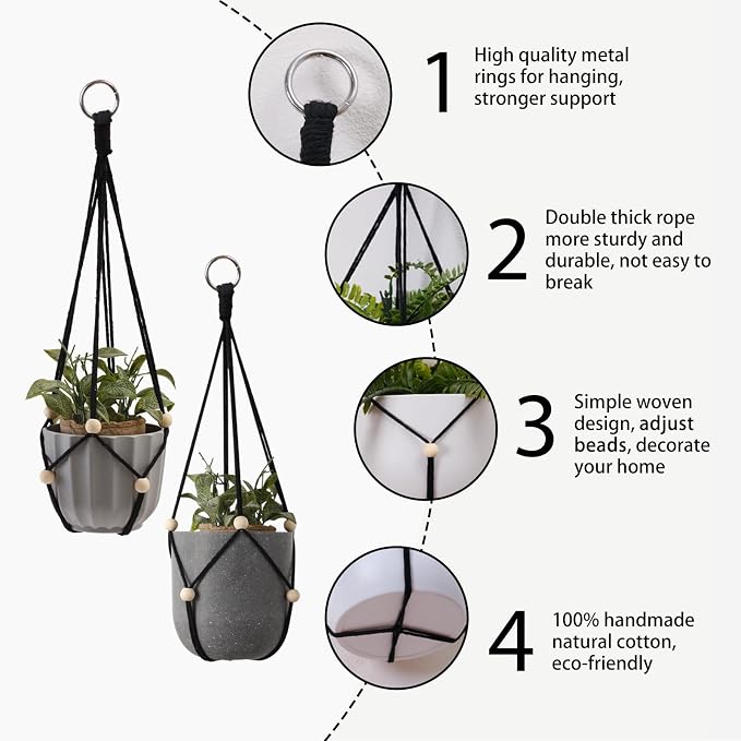 Artilady Black Hanging Planter for Indoor Plants Macrame Plant Hanger Large Hanging Plant Holder Basket with Adjustable Beads Outdoor Window Boho Plant Wall Decor (Black Bead-2pcs)