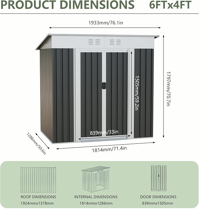 YOPTO 6x4 FT Storage Shed,Waterproof Garden Tool Shed with Lockable Door, Outdoor Metal Utility Shed for Backyard Patio Lawn,Grey