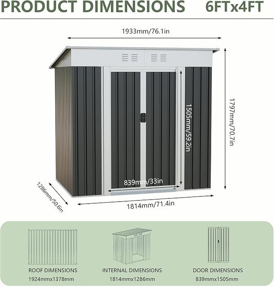 YOPTO 6x4 FT Storage Shed,Waterproof Garden Tool Shed with Lockable Door, Outdoor Metal Utility Shed for Backyard Patio Lawn,Grey