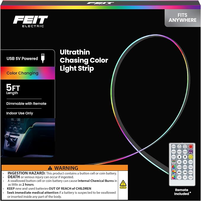 Feit Electric LED Light Strip Color Changing Strip Lights - Dimmable RGB USB with Remote - 5 ft