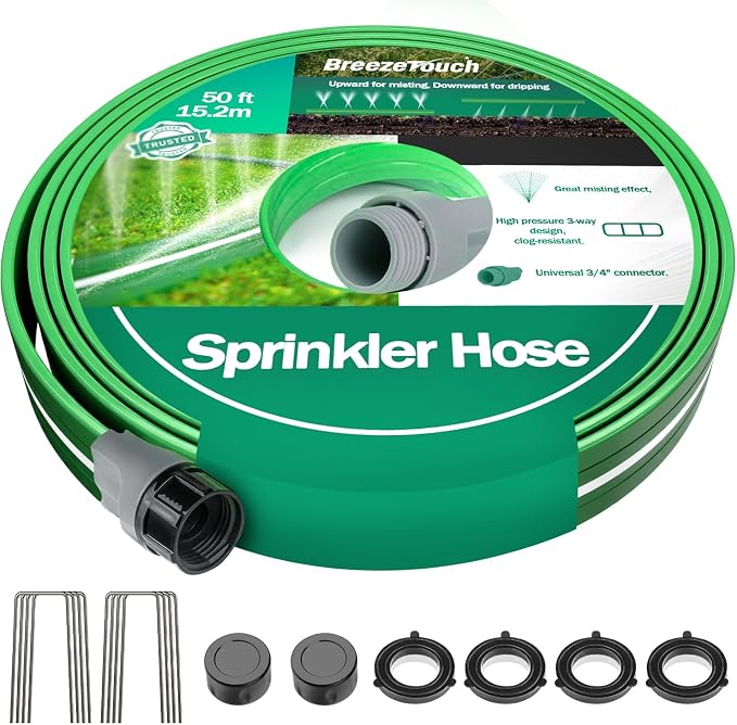 50 FT Three-Tube Flat Sprinkler Hose with Holes with U-Shaped Stakes | Heavy Duty Soaker Hose for Garden, Dual Mode Sprinkler Hoses for Lawn, Flexible Irrigation Hose for Yard, Linkable Drip Hose
