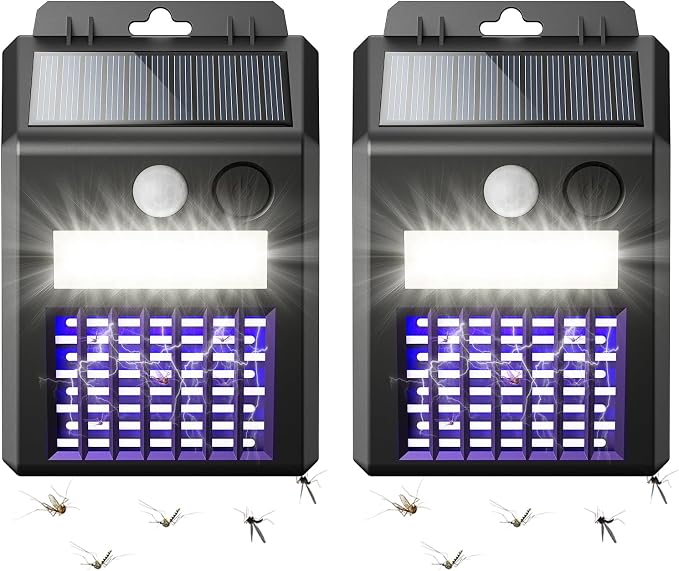 Solar Bug Zapper Outdoor - 2-in-1 Waterproof Cordless Mosquito Zapper with 3 Modes, Motion Sensor Light & UV Light, Rechargeable Mosquito Killer Lamp for Patio Yard Garden