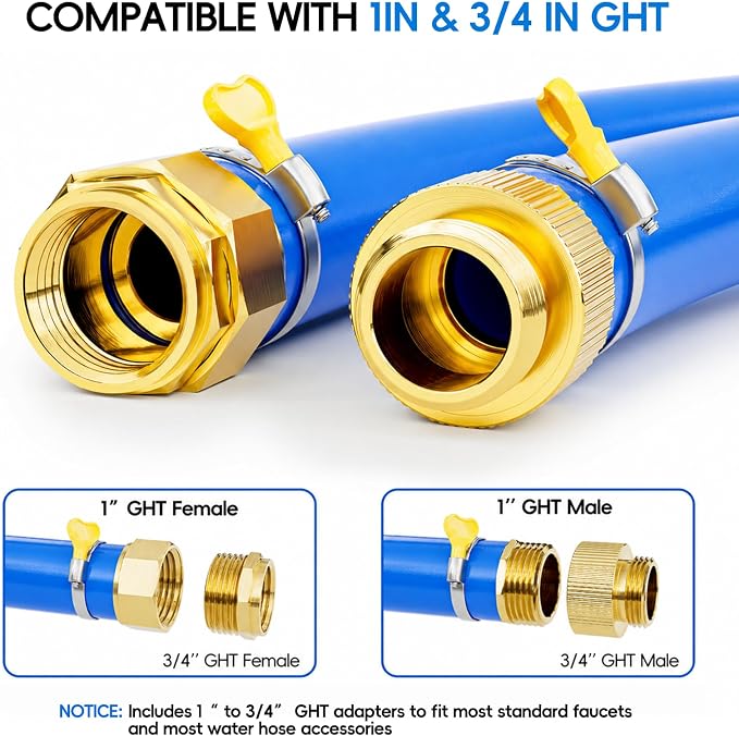 SPECILITE Hot/Cold Garden Water Hose 25 ftx 1 in, -50℉ To 190℉, Heavy Duty, Flexible, Burst 605 Psi, Lightweigh, Upgraded Rubber Pipe with 3/4" Brass Fittings For Backyard, Outdoor, Farm, Blue