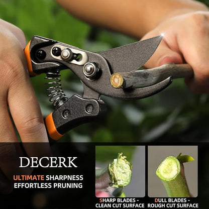 DECERK® 8.5" Professional Pruning Shears - Cuts 4X Easier with Ultra Sharp Japanese Steel Titanium Blade, Arthritis Friendly Garden Scissors & Plant Clippers, Effortlessly Prunes 3/4" Branches