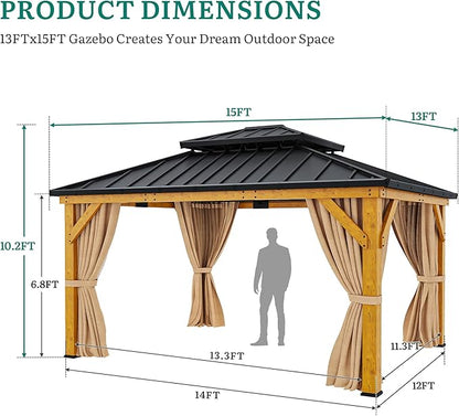 YITAHOME 13x15ft Wood Gazebo Outdoor Wooden Frame Double Roof Hardtop | Galvanized Steel Top Canopy w/Curtain and Netting, Patio Heavy Duty Gazebo for Deck, Backyard, Beige Yellow