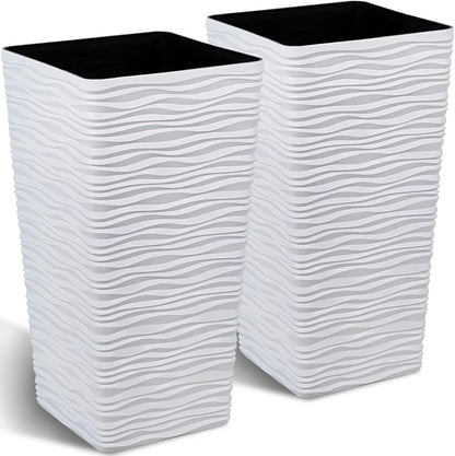 Worth Garden 22" Tall Planters Set of 2 - Plastic White Square Plant Pots with Drainage Hole - Modern Large Tapered Matte Wavy Tree Flower Pot for Indoor Outdoor Porch Deck