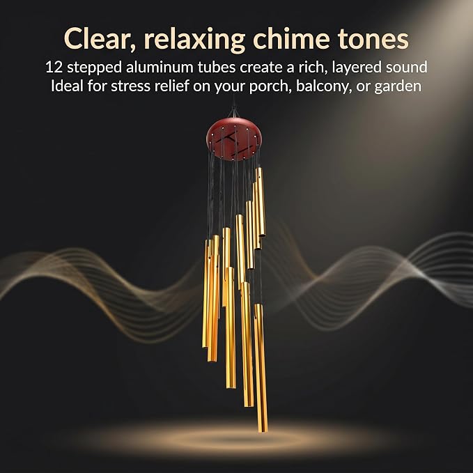 Outdoor Wind Chimes for Outside with 12 Aluminum Tubes for Garden Patio Balcony and Home Decor (Golden)