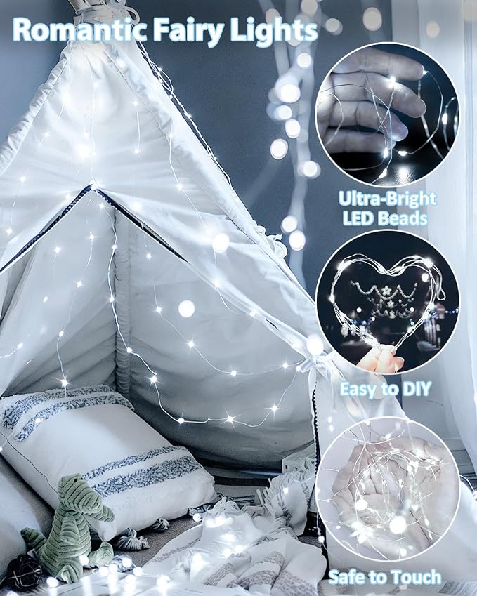 2 Pack 60 LED Fairy Lights Battery Operated with Timer, 20FT Waterproof String Lights Indoor Outdoor, Cuttable Battery Light for Home Bedroom Wedding DIY Centerpiece Christmas Decorations (Cool White)
