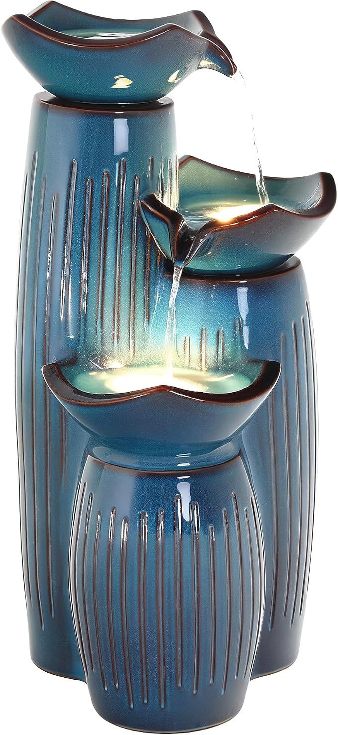 30" H Ceramic Outdoor Water Fountain with LED Lights, 3-Tier Cascading Lotus Bowls Water Feature, Tranquil Waterfall for Relaxing Garden, Patio, Yard, Turquoise, Vertical Striped Texture