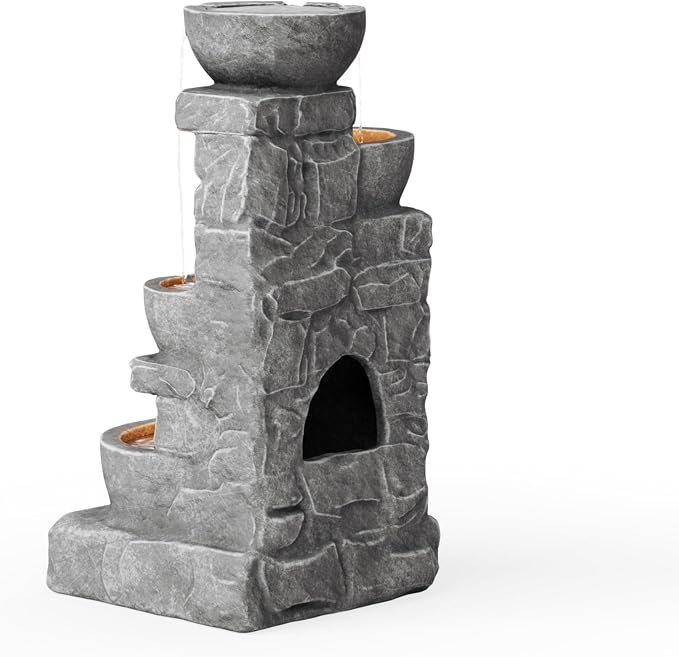 Teamson Home 33" Outdoor Water Fountain with LED Lights | 3-Tier Cascading Bowls, Weather-Resistant Resin, Garden Water Feature, Stone Gray