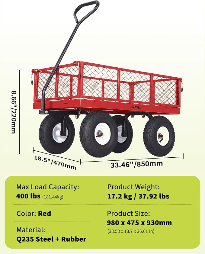 Garvee Versatile Outdoor Utility Cart - 400LBS Heavy-Duty, 10" All-Terrain Pneumatic Tires, Easy Maneuverable Lawn Cart with Removable Mesh Panels for Gardening & Landscaping,Red