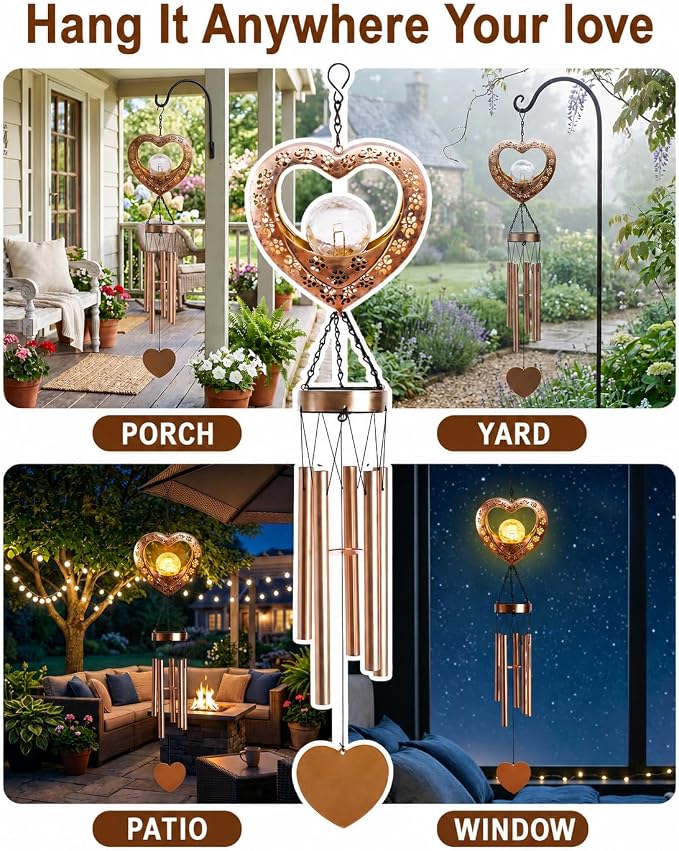 Nacome Solar Heart Wind Chimes for Outside: Weatherproof Metal Outdoor Decor Easy Hanging for Garden Patio Tree Window - Melodious Mother's Day Birthday Gifts for Mom Women Mom Grandma Her Wife