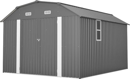 YOPTO 10×12 FT Outdoor Storage Shed,Heavy-Duty Metal Shed with Floor Base,All Weather Waterproof Tool Shed W/Diamond Roof & Windows,Lockable Double Door & 4 Air Vents,for Backyard,Patio,Lawn,Gray