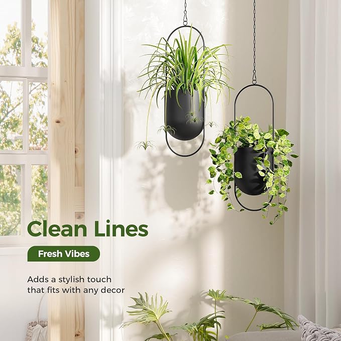Bamworld Black Hanging Planters for Indoor Outdoor Plants Metal Hanging Pots for Plants 5.5 Inch Modern Hanging Baskets Window Plant Hanger Ceiling Hanging Flower Pots with Chain for Wall Decor