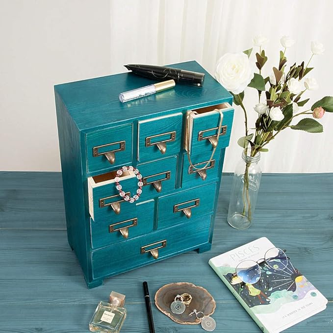 Apothecary Drawers Apothecary Cabinet with Drawers, Blue | 9 Drawer Library Card Catalog, Wooden Storage Box, Wooden Desktop Organizer with Metal Handles-Fulled Assembled