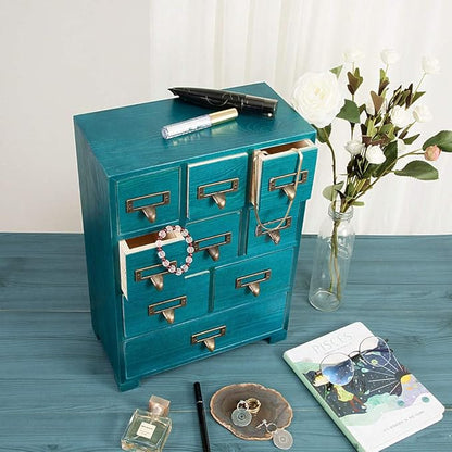 Apothecary Drawers Apothecary Cabinet with Drawers, Blue | 9 Drawer Library Card Catalog, Wooden Storage Box, Wooden Desktop Organizer with Metal Handles-Fulled Assembled