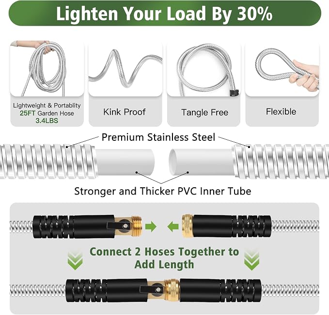 Metal Garden Hose 25 ft Stainless Steel Water Hose Heavy Duty Flexible Lightweight Durable Long No Kink Hoses Pipe with 10 Function Nozzle Strong 3/4’’ Solid Brass Fitting for Outdoor Yard