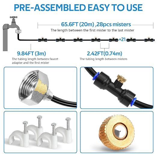 homenote Misting Cooling System 75FT(23M) Pre-Assembled Kit with 28 Brass Nozzles & 3/4" Brass Adapter, Outdoor Mister for Patio, Backyard, Pergola & Greenhouse