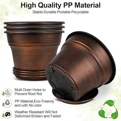 Plant Planters Pots Set of 4 Pack 8 Inch, Plastic Flower Pot For Indoor Plants With Drainage Holes & Trays, Resin Decorative Container Sets With Saucer For House Outdoor Garden Planters Copper