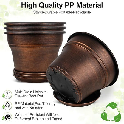 Plant Planters Pots Set of 4 Pack 16 Inch，Large Plastic Flower Pot For Indoor Plants With Drainage Holes & Trays, Resin Decorative Container Sets With Saucer For House Outdoor Garden Plant Copper