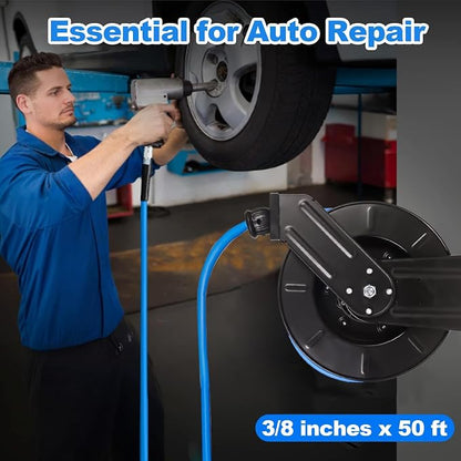 Retractable Air Hose Reel With 3/8" Inch x 50' Ft, Heavy Duty Steel Hose Reel Auto Rewind Pneumatic,Industrial Grade Rubber Hose,Black