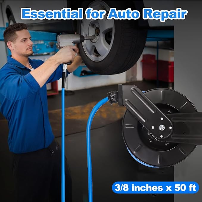 Heavy Duty Retractable Air Hose Reel, 3/8 IN x 50 FT Hybrid Air Hose, Max 300PSI Air Compressor Hose Reel with Auto Rewind, Ceiling/Wall Mount Single Arm Premium Steel Reel for Garage Workshop