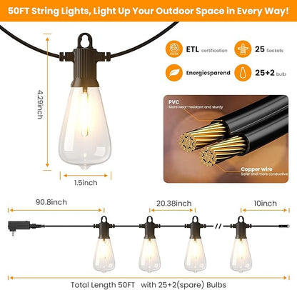 Kawaya Outdoor String Lights for Patio - ST38 Outside IP65 Waterproof Hanging Light with 2700k~6000k Dimmable - 50FT Led Edison Lights for Cafe Bistro Yard Gazebo Porch
