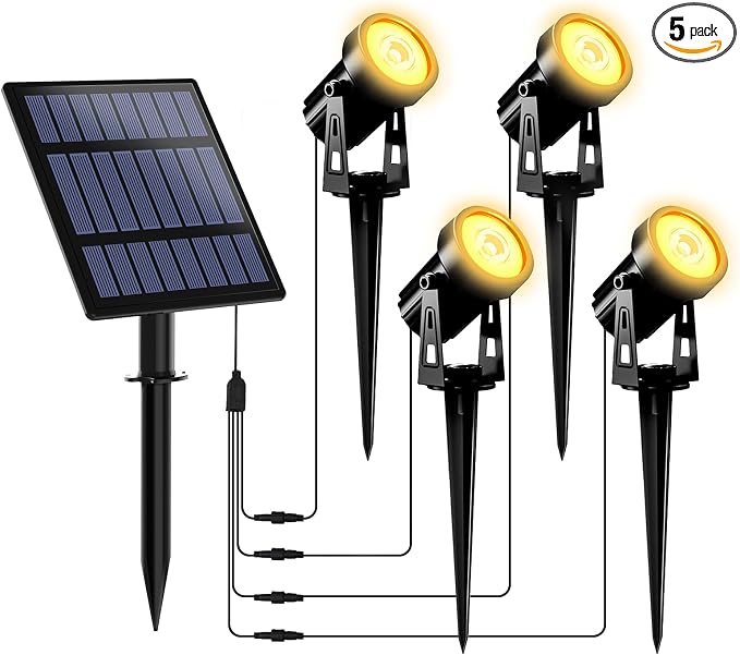 T-SUNUS Solar Christmas Spotlight Outdoor Warm White 3000K, 4-in-1 Spot Lights IP65 Waterproof 9.8ft Cable 5W Separated Panel, Auto On/Off for Garden Flag Tree Patio Yard Driveway Pathway Halloween