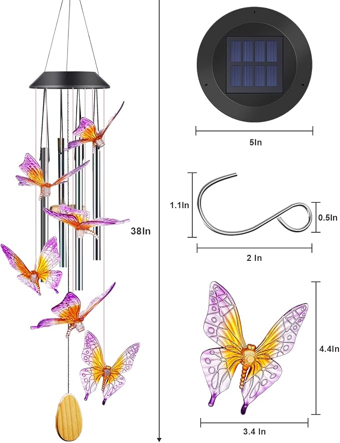 DesGully Wind Chimes, Butterfly Solar Wind Chimes with Aluminum Tubes/Wind Chimes for Outside Color Changing (Gifts for mom/Gift for Grandmom/Gift for Women) Thanksgiving Gift Butterfly Gift
