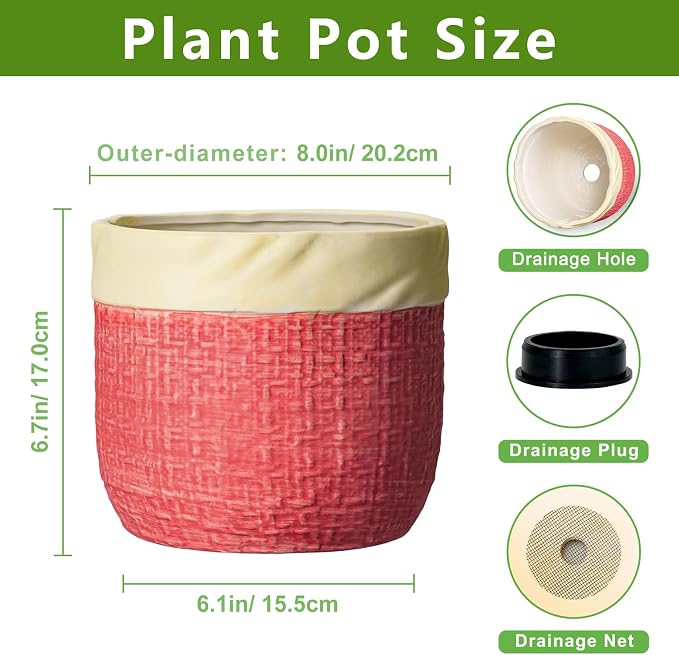 Ceramic Pots for Plants, 8 Inch Planter, Round Plant Pot, Red | Decorative Flower Pots with Drainage Hole, Boho Planter for Indoor Plants, Living Room Decor, Plant Gifts for Women