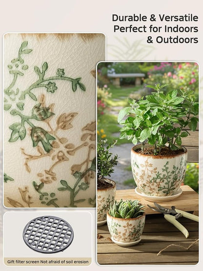 Retro Ceramic Garden Pots, 5.8 Inch Plant Pots with Drainage and Attached Saucer Set of 4, Chinoiserie Floral Large Flower Pots for Home Decor, Plant Lover Gifts, White Green