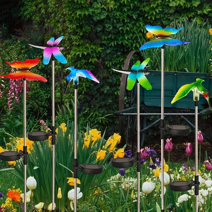 6 Pack Solar Garden Stake Lights Outdoor, Yard Figurine Stake Light, Flower Hummingbird Dragonfly Butterfly for Patio Yard Pathway Decoration (Garden)