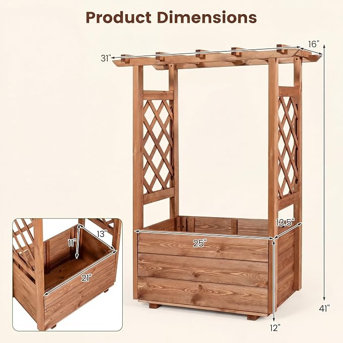 HAPPYGRILL Raised Garden Bed with Trellis, 31” x 16” x 41” Wood Elevated Planter Box with Roof, Freestanding Garden Planter for Climbing Plants Vines Flowers Herbs (1)