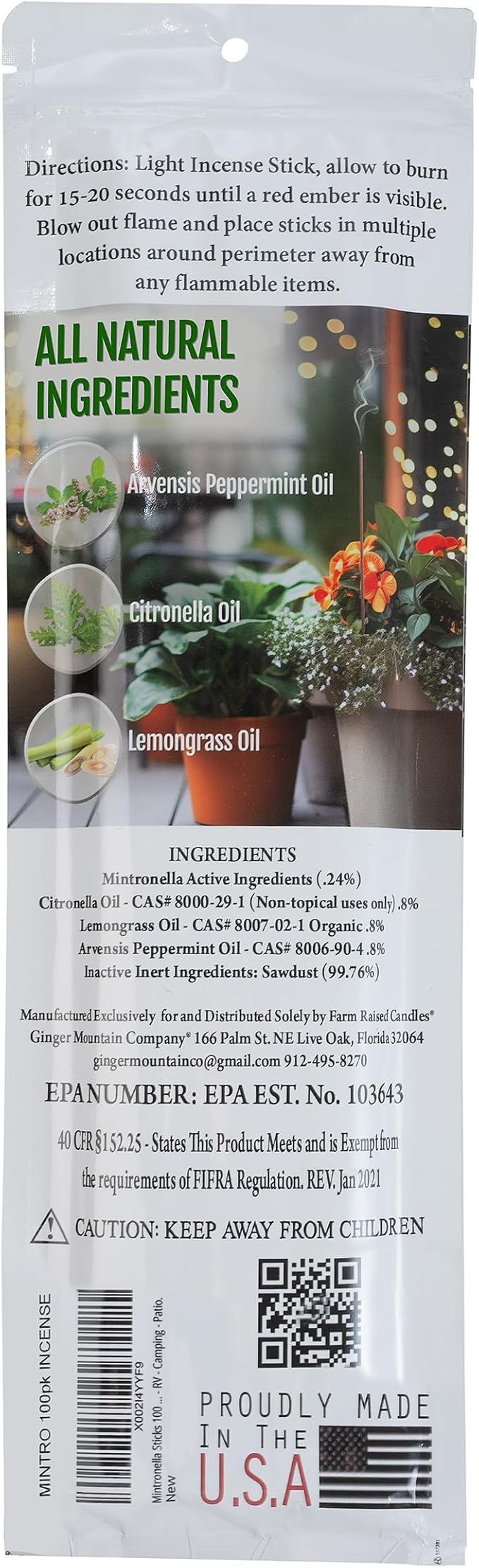 USA Made - Bulk Pack Mosquito Repellent Incense Plant Based Natural Mosquito Gnat's & No See um Outdoor Patio Sticks Mintronella