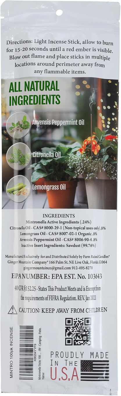 USA Made - Bulk Pack Mosquito Repellent Incense Plant Based Natural Mosquito Gnat's & No See um Outdoor Patio Sticks Mintronella