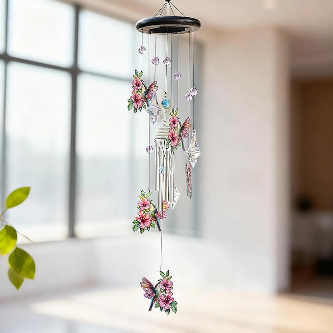 YU FENG Hummingbird Memorial Wind Chime, Crystal Suncatcher Garden Decor | 27 Inch Pink Metal Wind Chime, Hummingbird Design, Sympathy Gift For Women Mom Grandma, Outdoor Hanging Decor