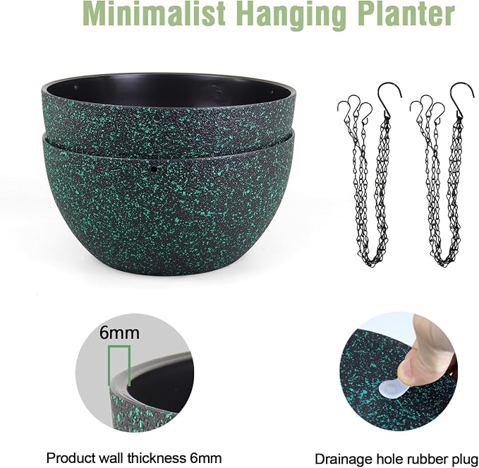 Meowell 8 inch Small Hanging Planters for Indoor Outdoor Plants, 2 Pack Hanging Flower Pots with Drainage Holes and Chain, Plastic Hanging Baskets for House Plants, Black with Green Speckles