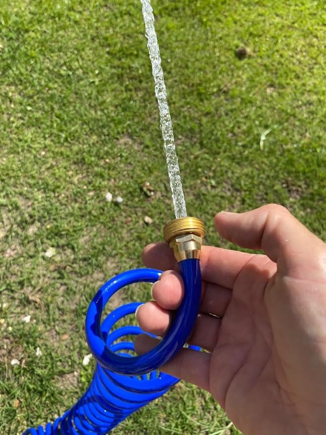 SANFU PU Recoil Garden Water Hose 3/8"ID(9.5 x 12.7mm) x 25ft Premium with 3/4"Inch Brass Fittings Retractable, Swivel Female, Outdoor Patio Hose Marine&Boat, Blue(25')