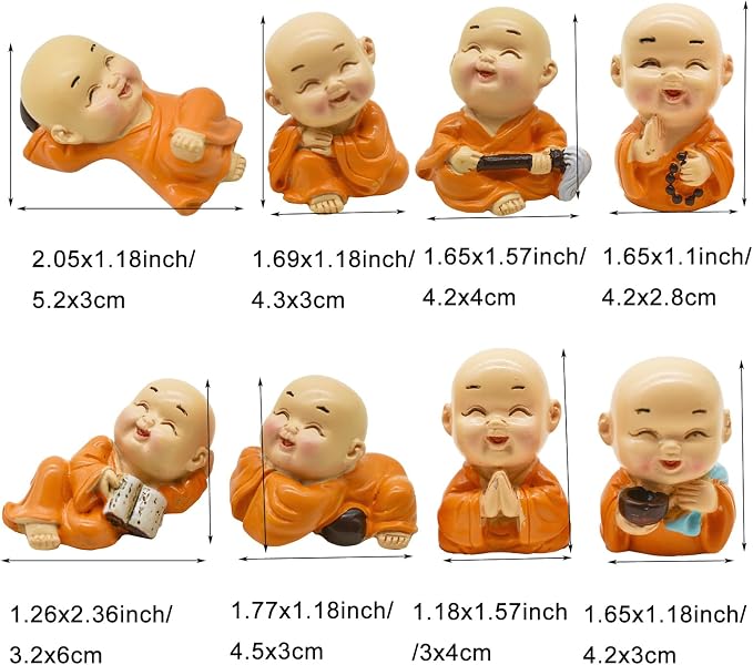 8Pcs Little Buddha Statue Mini Baby Monk Figurines Small Buddhas Figures for DIY Zen Garden Car Dashboard Office Tabletop Shelf Home Decoration