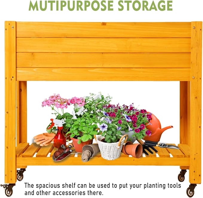 FORTUNO Raised Garden Bed with Wheels 48"x24"x33" Large Wood Planter Box with Legs Outdoor Mobile Wooden Elevated Raised Beds for Vegetable Flower, Standing Gardening Box with Liner for Patio, Deck
