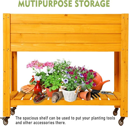 FORTUNO Raised Garden Bed with Wheels 48"x24"x33" Large Wood Planter Box with Legs Outdoor Mobile Wooden Elevated Raised Beds for Vegetable Flower, Standing Gardening Box with Liner for Patio, Deck