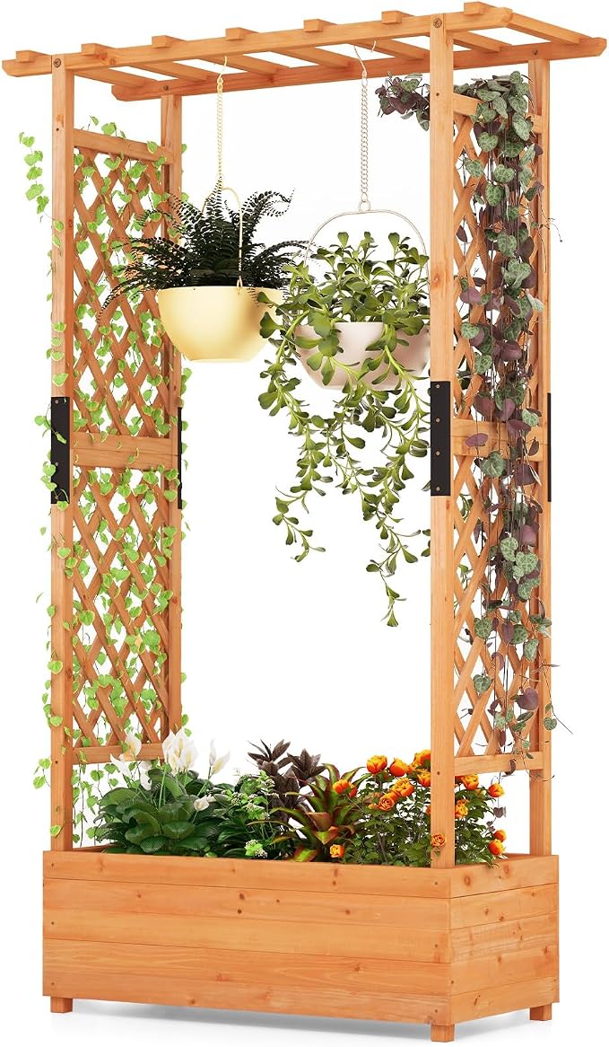 ORALNER Raised Garden Bed with Trellis, Wooden Planter Box with Climbing Frame, Outdoor Elevated Garden Box for Vegetables, Herbs, Flowers, Fruits (Medium)