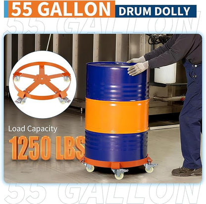 55-Gallon Drum Dolly, Heavy Duty 1250Lbs Load Capacity,Barrel Dolly Cart with Cross Braces & Swivel Casters Wheel,Steel Fram,Non Tipping Design,Barrel Cart with Brake for Warehouse Drum Handling
